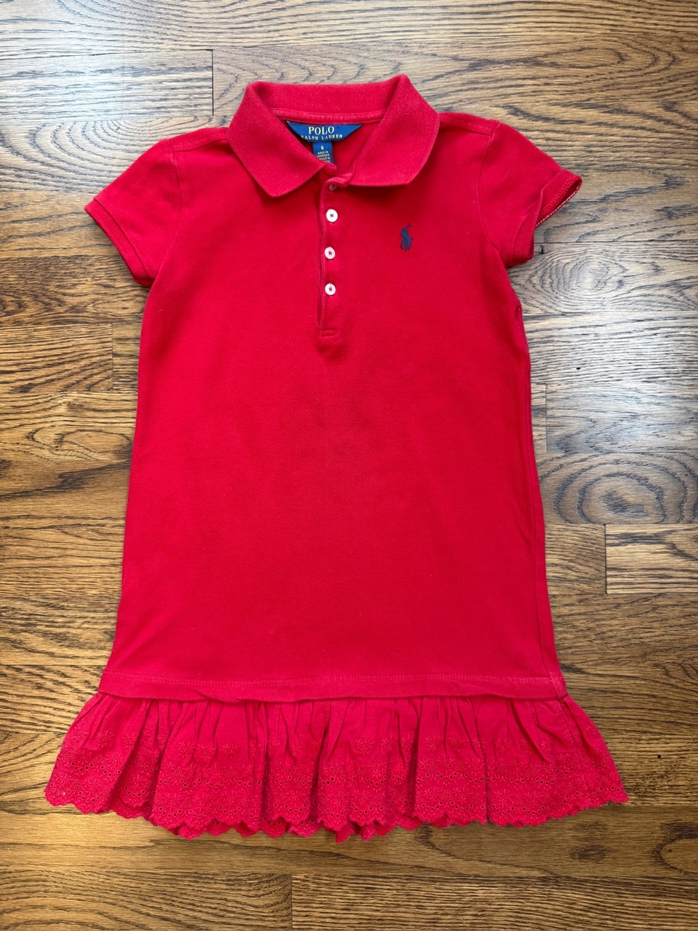 Polo Ralph Lauren Girls Classic Red Polo Dress with Ruffle Eyelet Hem Size 6